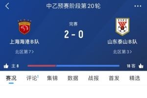 中乙第20輪：上海海港B隊(duì)2-0山東泰山B隊(duì)，張俊杰點(diǎn)射&廖重九破門
