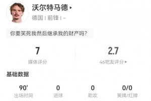 能踢中鋒嗎？沃爾特馬德本場3射0正+1關(guān)鍵傳球 13對抗7成功+3犯規(guī)